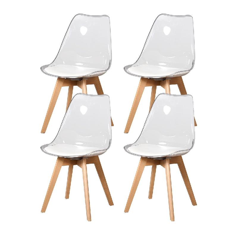 4 Chaises Tulipes Salle à Manger Scandinaves Bm Home Salle de Bureau, Pieds Bois de Hêtre Massif, Transparente, Assise Blanche - transparent plastiq_0