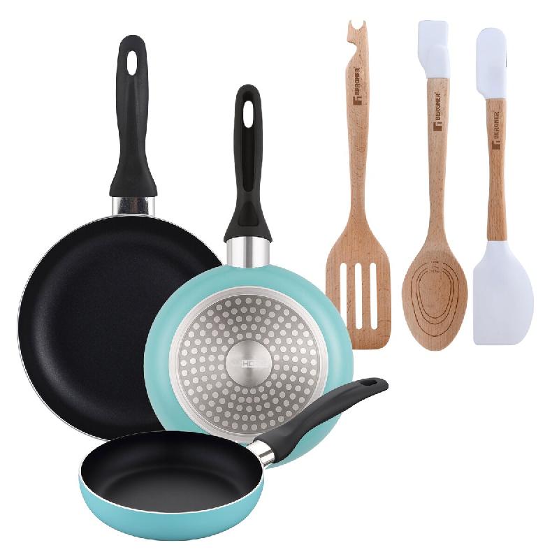 BERGNER - Set de 3 poêles Ø16/20/24cm en aluminium pressé bleu mat avec set de 3 ustensiles en silicone et bois - PK9921_0