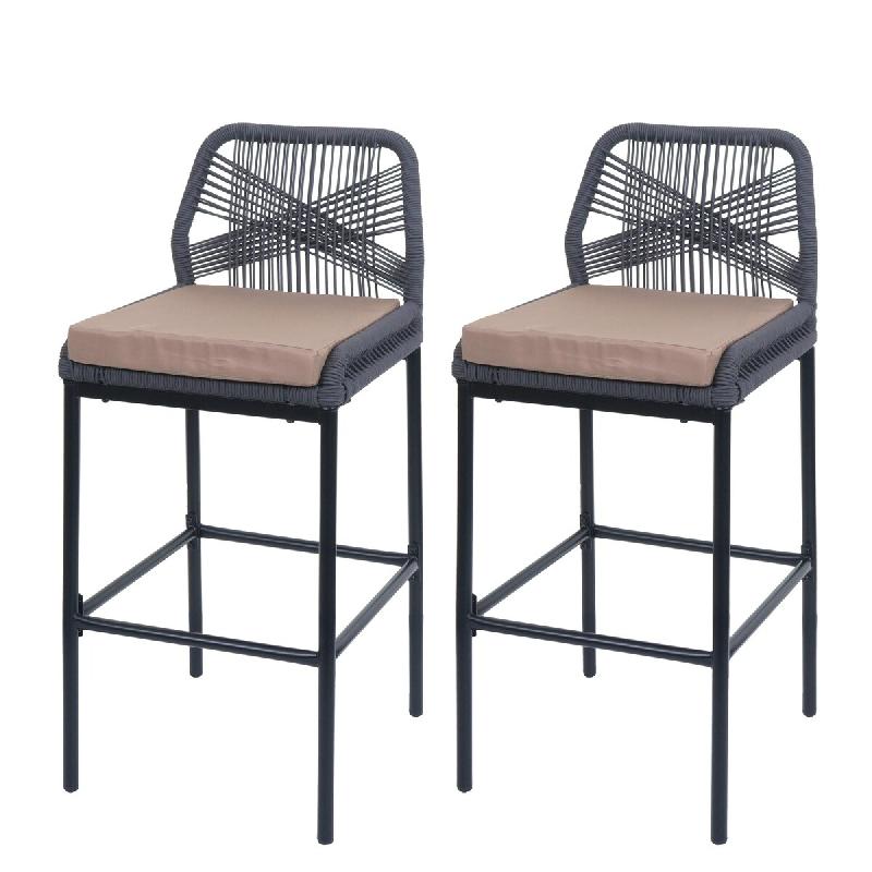 Décoshop26 - Lot de 2 tabourets de bar style moderne intérieur et extérieur en métal anthracite et tressage corde coussins taupe 04_0009639 - 3000_0