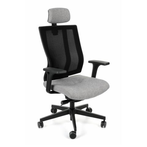 FAUTEUIL DE BUREAU ERGONOMIQUE MAXPRO NOIR, TISSU ET MAILLE, AVEC ACCOUDOIRS 2D ET APPUI-TÊTE, MÉCANISME SYNCHRONE, PIEDS NOIRS - GRIS