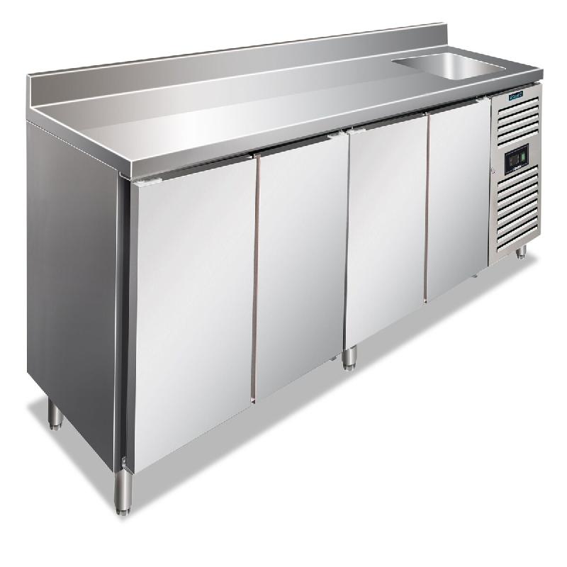 KLIMAITALIA table réfrigérée inox 4 portes évier. Temp. De dégivrage automatique tropicalisée de classe C -2°C/+8°C. Dim. LxLxH 250x70x96 cm._0
