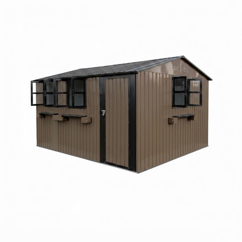 Merax abri jardin acier galvanisé 370.8x303.8x205 cm, 3 fenêtres, double porte, support fleurs, marron - marron métal W3600S00007_0