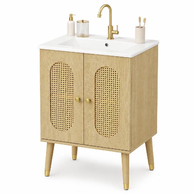 Merax meuble sous-vasque avec vasque en céramique, meuble de salle de bain à portes en rotin, fermeture douce et rangement, 61 x 47 x 89 cm - multi-_0