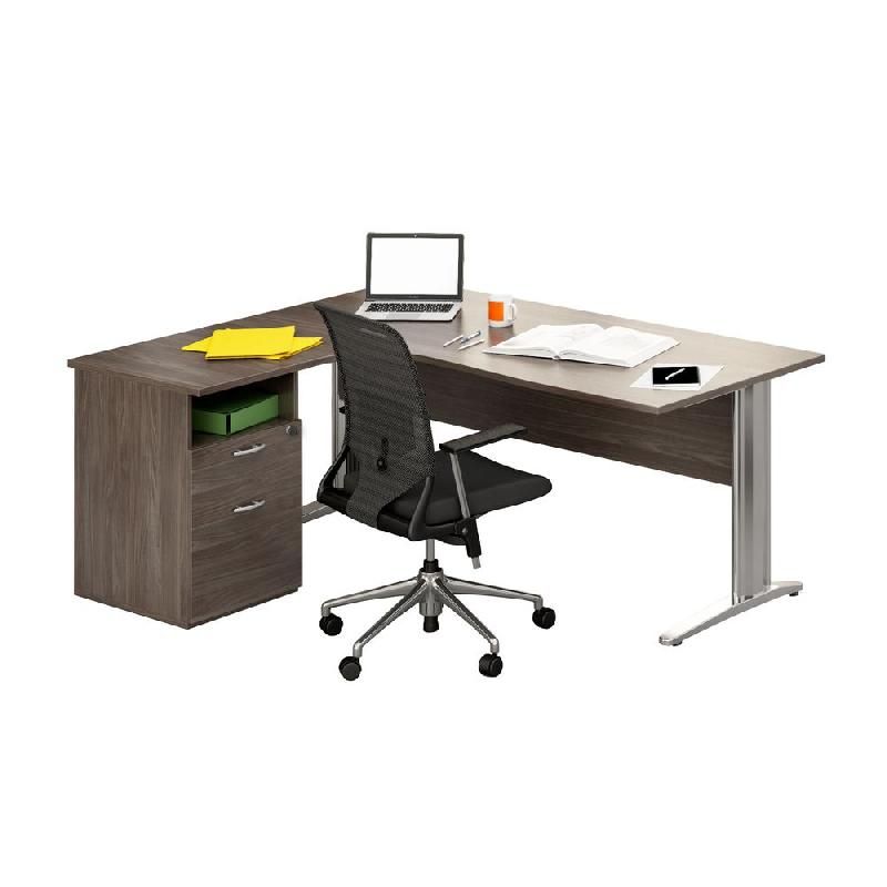 PACK PRONTO PRESTIGE : 1 BUREAU COMPACT RETOUR À GAUCHE CENDRE PIEDS CHROME + 1 CAISSON HAUTEUR BUREAU PROF. 60 CM