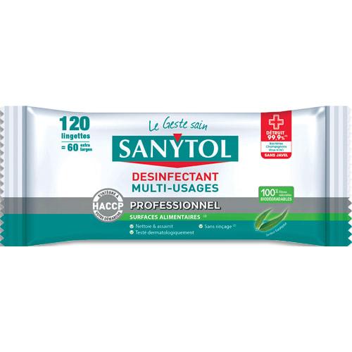 Sanytol - Paquet de 120 lingettes désinfectantes multi-usages - Fibres biodégradables 100% viscose - Parfum eucalyptus_0