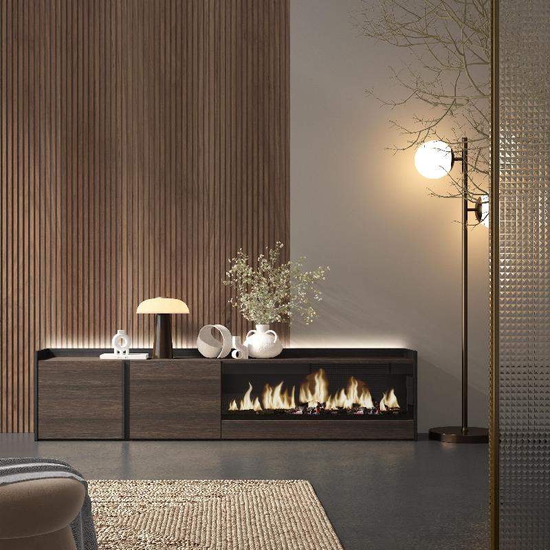 SKRAUT HOME - MEUBLE TV EFFET BOIS DE CHÊNE ET NOIR 212X35X50CM CHEMINÉE EFFET FEU