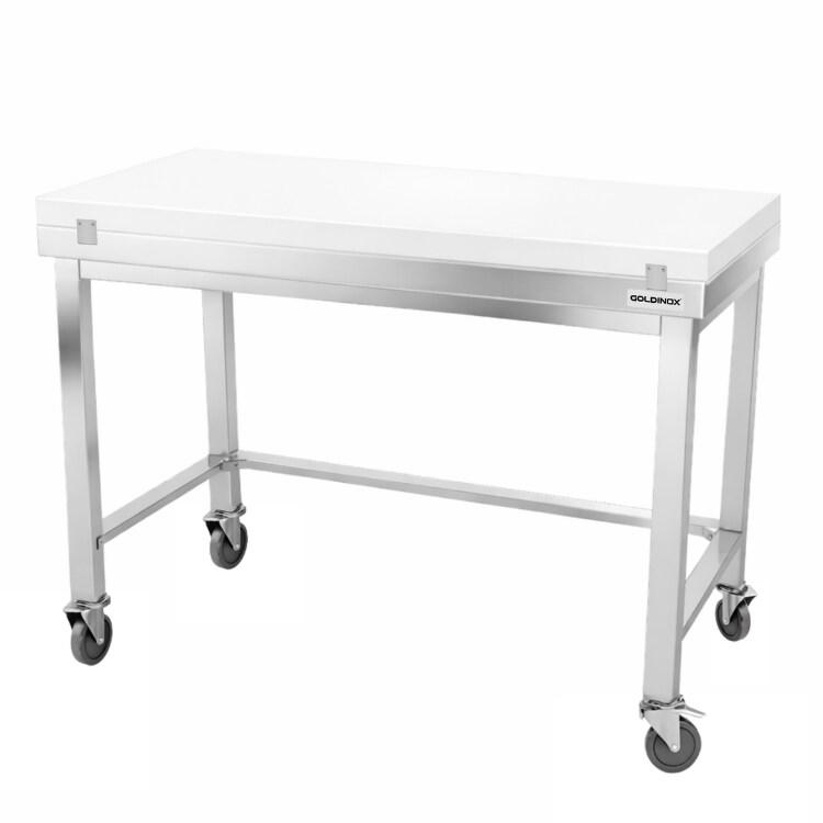 Table de travail en inox 1400x700 mm avec plaque de découpe blanche et renfort sur roulettes PREMIUM - GOLDINOX - gris inox 3701770840441_0