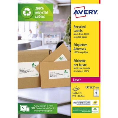 Avery LR7162 Etiquettes auto-adhésives d'adresses recyclées, faciles à décoller,  99,1 X 33,9 mm - 100 feuilles, 16 étiquettes par feuilles A4 - Blanches_0