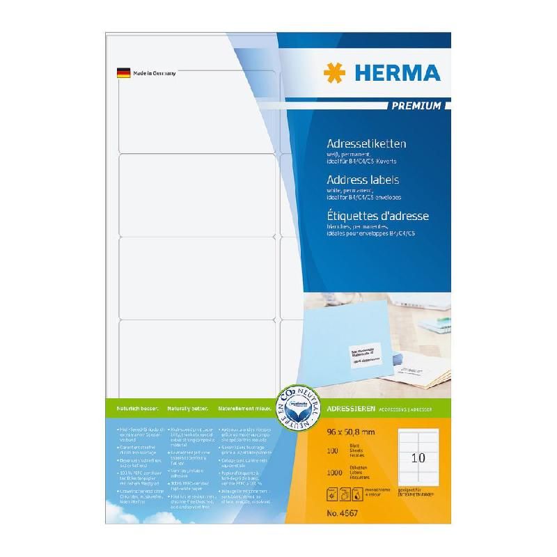HERMA ETIQUETTE BLANCHE PREMIUM - HERMA - 96 X 50,8 MM - POCHETTE DE 1000 ÉTIQUETTES