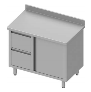 Meuble bas table de travail inox adossée avec deux tiroirs  à gauche portes battantes 1000x600x900 - 930306100_0