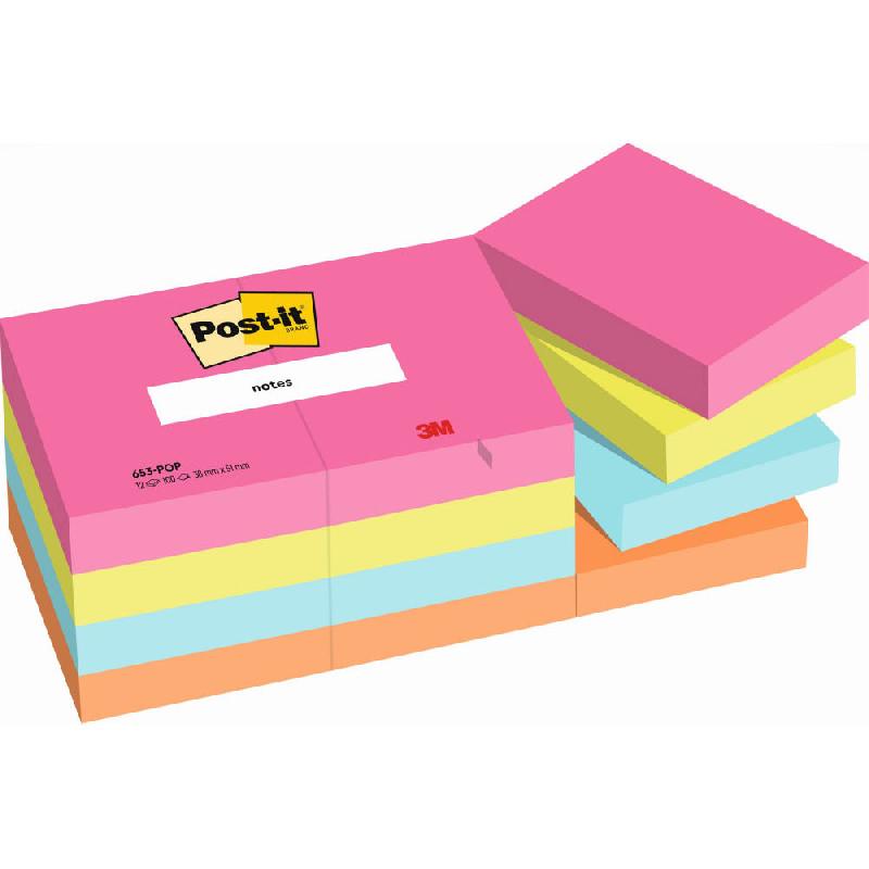 NOTES REPOSITIONNABLES POST-IT POPTIMISTIC 38 X 51 MM COLORIS ASSORTIES - 12 BLOCS DE 100 FEUILLES