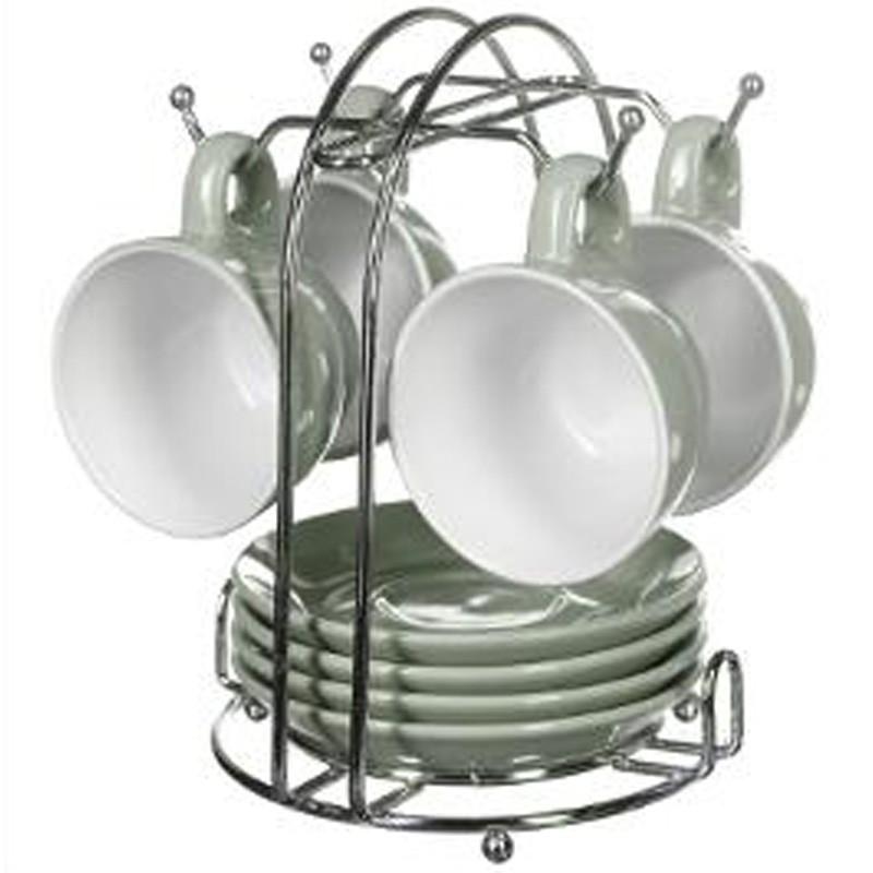 Set de 4 tasses à café et soucoupes pois 17cm vert - Paris Prix - céramique & métal, avec rack inclus_0