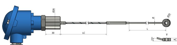 Thermocouple chemisé à œillet avec sortie tête de raccordement - TM72 - Types K, N, J, T, E, R, S, B, et plus_0