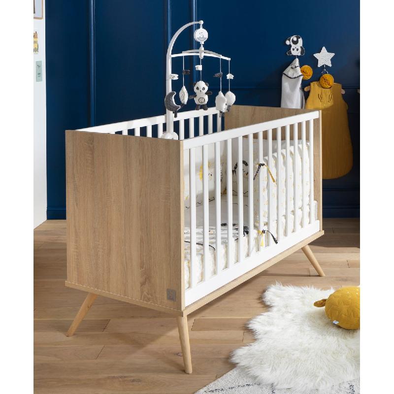 Lit bébé seventies - Sommier réglable 3 positions - Hêtre laqué et décor chêne doré_0