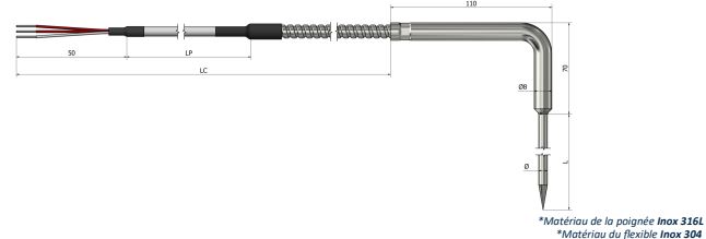 Sonde à résistance RTD à piquer - sortie flexible 90° - PP32 - Pt100, Pt500, Pt1000 - gaine inox Ø3-6mm_0
