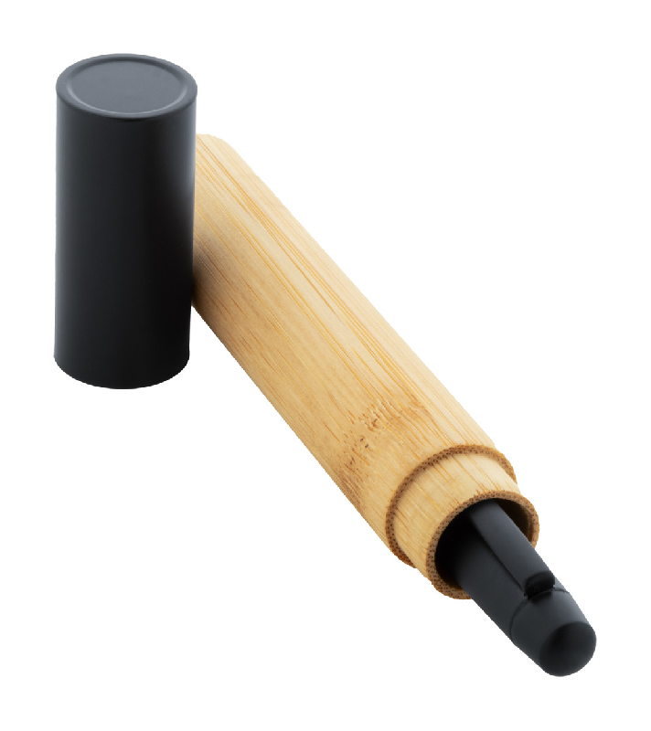 Stylo à bille élégant - métal noir et bambou - encre bleue - livré avec étui en bambou_0