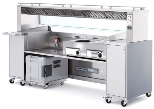 Vitrine cuisine sur roulettes Frontcooking - Hotte aspirante, 2 à 4 appareils de cuisson, fabrication allemande_0