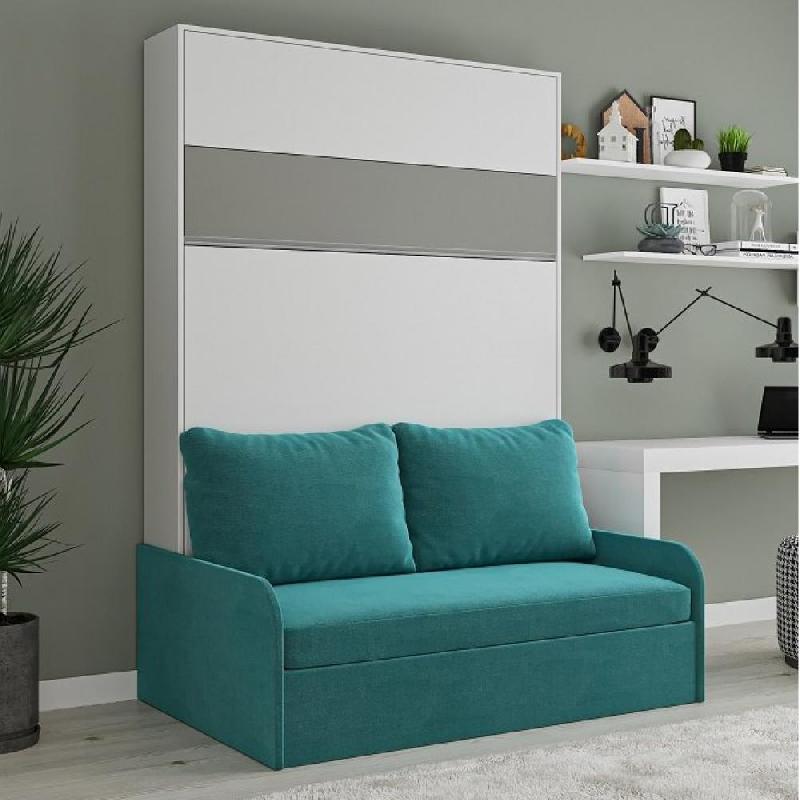 ARMOIRE LIT ESCAMOTABLE BERMUDES SOFA BLANC BANDEAU GRIS CANAPÉ BLEU 140*200 CM_0