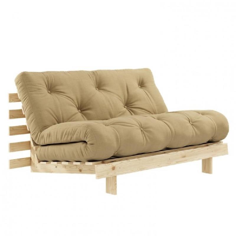 CANAPÉ CONVERTIBLE FUTON ROOTS PIN NATUREL TISSU BEIGE COUCHAGE 140*200 CM._0