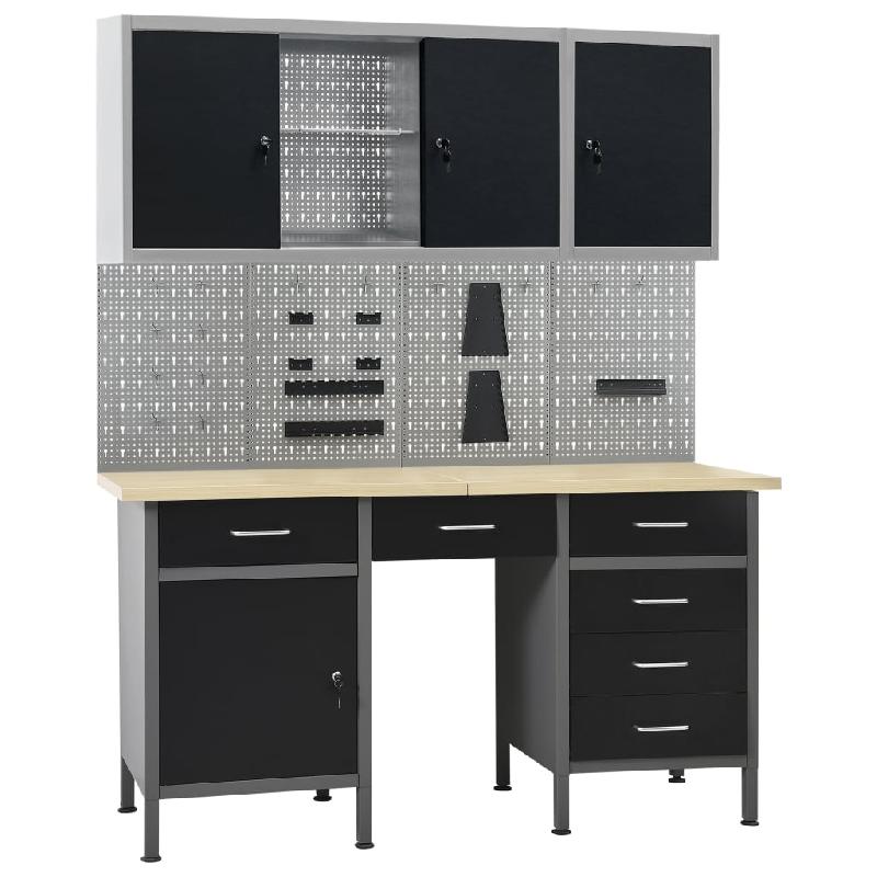 ETABLI ET 4 PANNEAUX MURAUX ET 2 ARMOIRES TABLE DE TRAVAIL POSTE DE TRAVAIL STOCKAGE RANGEMENT D\'OUTILS ETABLI D\'ATELIER GARAGE 02_0003669_0