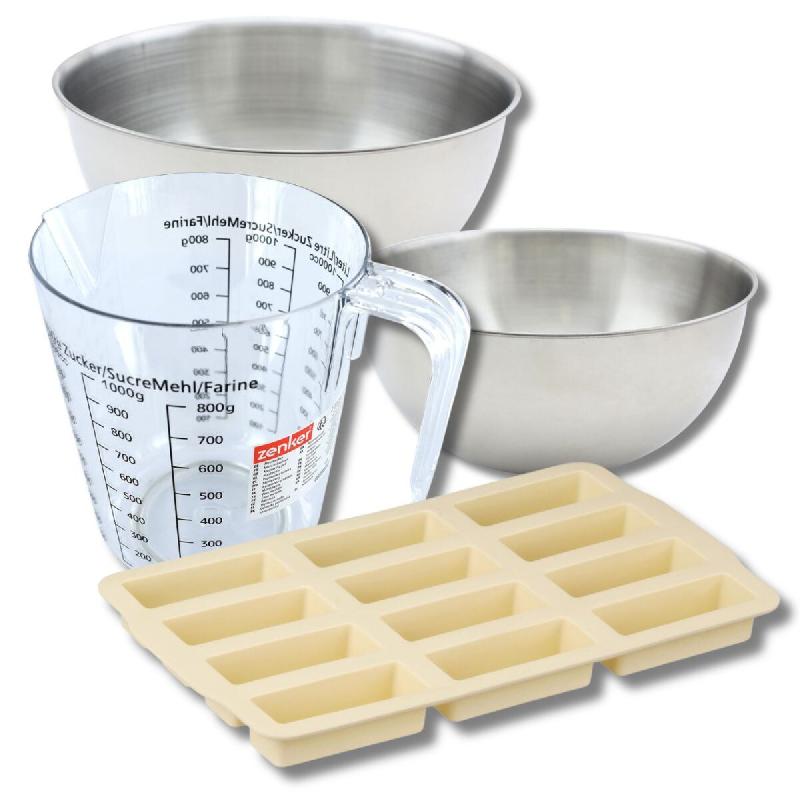 Set pâtisserie avec moule pour 12 barres de céréales, 2 bols à mixer, verre mesureur et spatule Zenker - beige silicone 3176239937343_0