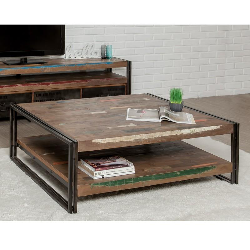 Table basse carrée en teck industriel loft 120cm marron - Paris Prix - 2 plateaux faciles d'entretien_0