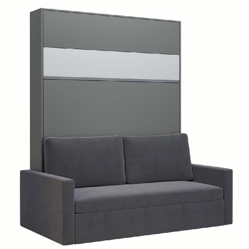 Armoire lit escamotable DJUKE SOFA - Canapé gris 160x200 cm avec bandeau blanc mat_0