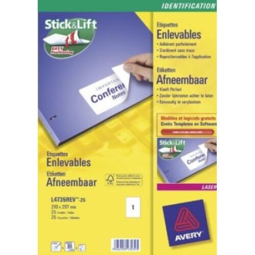 AVERY 25 étiquettes enlevables blanches, format 210 x 297 mm (25 feuilles A4 / cdt) - 3266550132395_0