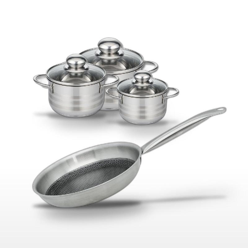 Batterie de cuisine avec 1 poêle 28 cm et 3 faitouts 12/14/16 cm en inox sans PFAS Elo Collection Relief Solution Brillant - gris 3176239941746_0