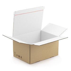CAISSE CARTON BRUNE SIMPLE CANNELURE À MONTAGE INSTANTANÉ ET FERMETURE ADHÉSIVE INTÉRIEUR BLANC 31X23X16