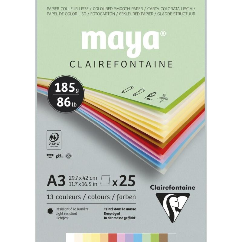 Clairefontaine Lot de 3 Bloc encollé de 25 feuilles de papier Maya, 185 g/m², A3, coloris assortis pastels - 3329689753357_0
