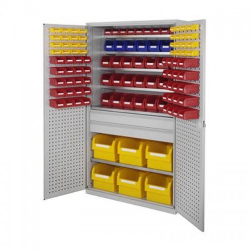 Armoire grande capacité Rasterplan - bacs à bec et tiroirs au milieu, 6 tablettes, 2 tiroirs et 44 bacs - H1950xl1130xp590mm_0