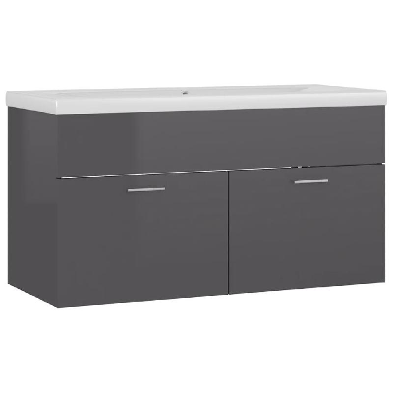 ARMOIRE D\'ÉVIER AVEC LAVABO INTÉGRÉ 90 X 38,5 X 46 CM AGGLOMÉRÉ GRIS BRILLANT 02_0006483_0