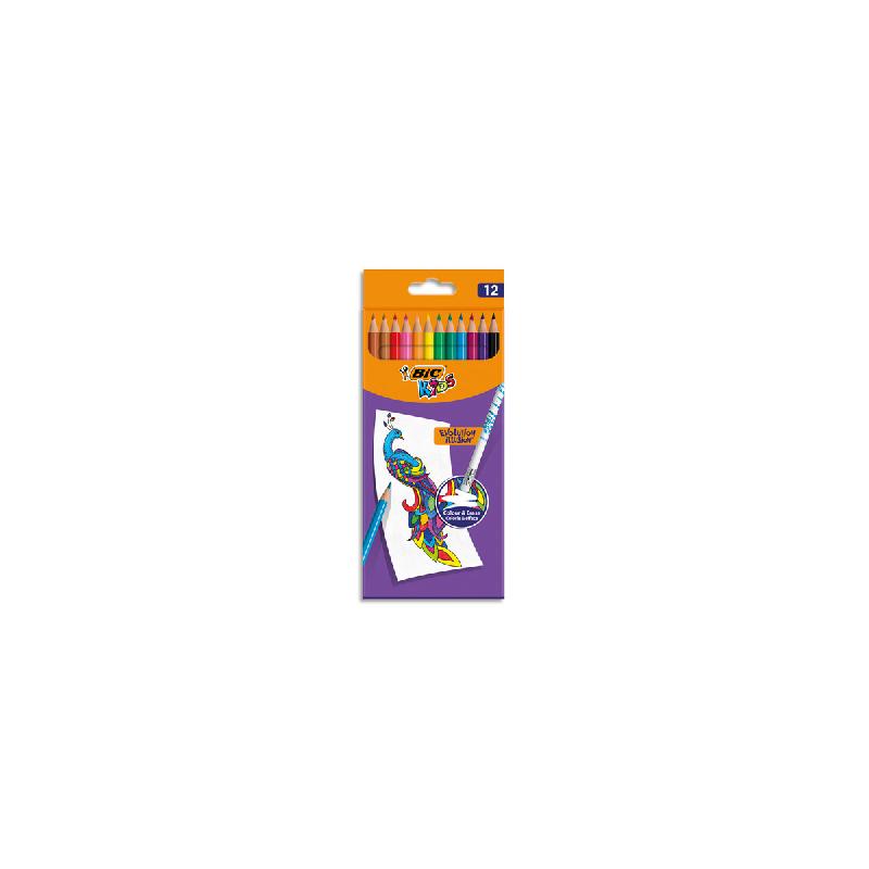 CRAYONS DE COULEUR BIC KIDS EVOLUTION ILLUSION - CORPS ROND ASSORTIS - POCHETTE DE 12 - EFFAÇABLE BOUT GOMME