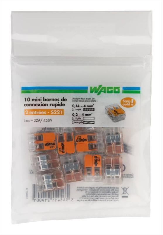 Lot de 10 minibornes automatiques à levier WAGO S221, 2 fils rigides et souples jusqu'à 2,5 mm²_0
