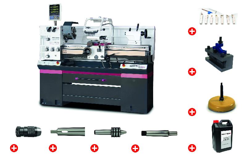 Tour à métaux - hauteur de pointe 180 mm - entrepointes 1000 mm - passage de broche 52 mm - 2,2 kW - 400V - avec accessoires essentiels Optiturn TM3610D PACK_0