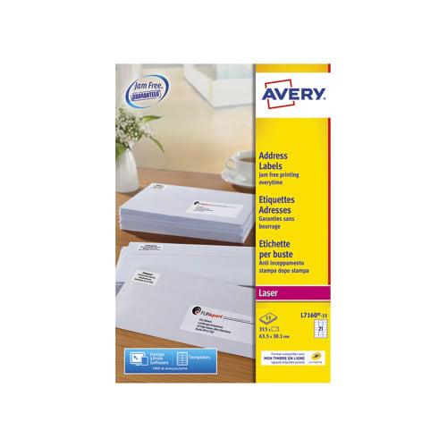 Avery - Boîte de 315 étiquettes adresse/expédition laser blanches 63,5x38,1mm - L7160-15 avec technologie ultragrip_0