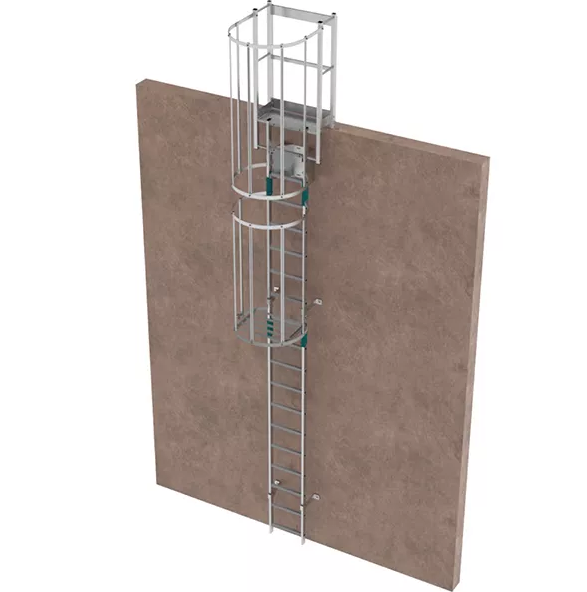 Échelle de sécurité à crinoline en aluminium - Sortie de face - Hauteur à franchir de 2.23 à 8.00m - Normes NF E85-016 & EN ISO 14122-4_0