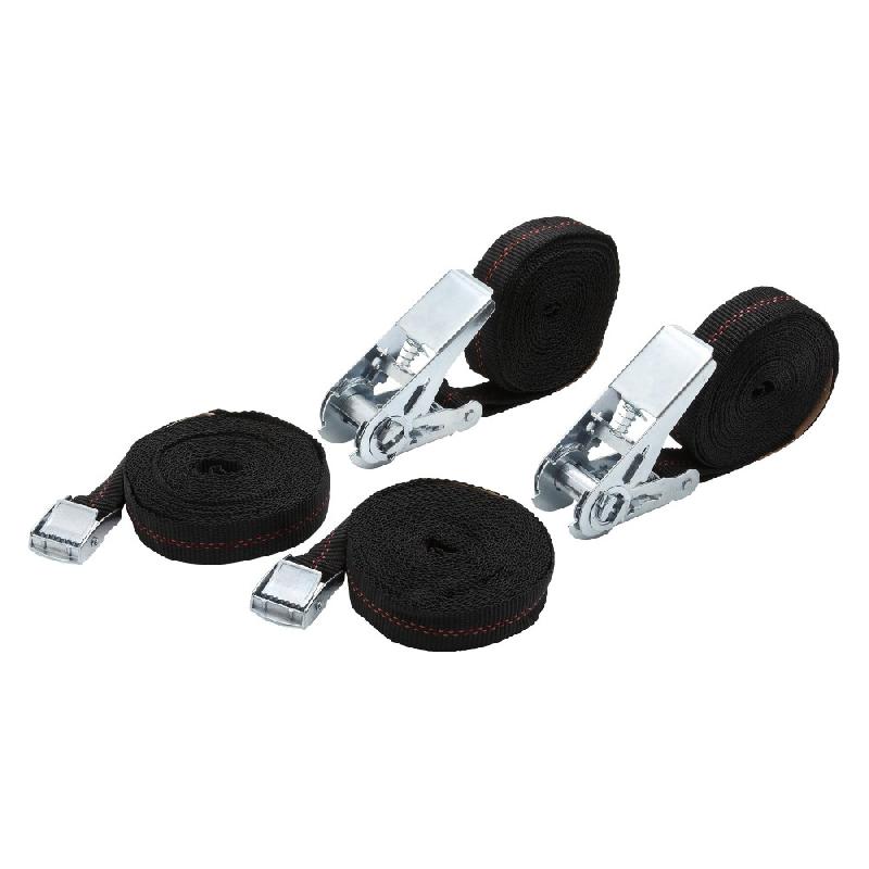 Lot de 2 sangles à cliquet 25mm x 5m - 125kg et 2 sangles à boucle 25mm x 2.5m - 120kg - Polyester_0