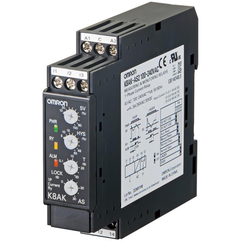 Relais de contrôle d'intensité monophasé K8AK-AS1 - 100-240VAC - Plage de 2 à 500 mA AC/DC_0