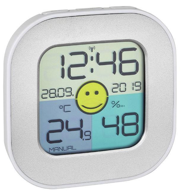 Thermomètre / hygromètre digital - ambiant - horloge radio-pilotée / calendrier - coloris blanc/argent #3050/2t_0