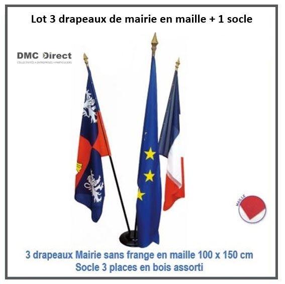 Lot de 3 drapeaux de mairie en maille 100 x 150 cm - France, Union Européenne et Province historique avec socle bois_0