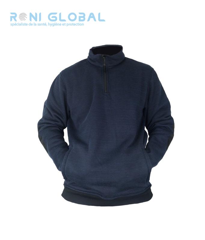 Sweat-shirt de travail manches longues marine en polyester - TYPHON+ PBV - fermeture col zip, renfort coudes, poches zippées_0