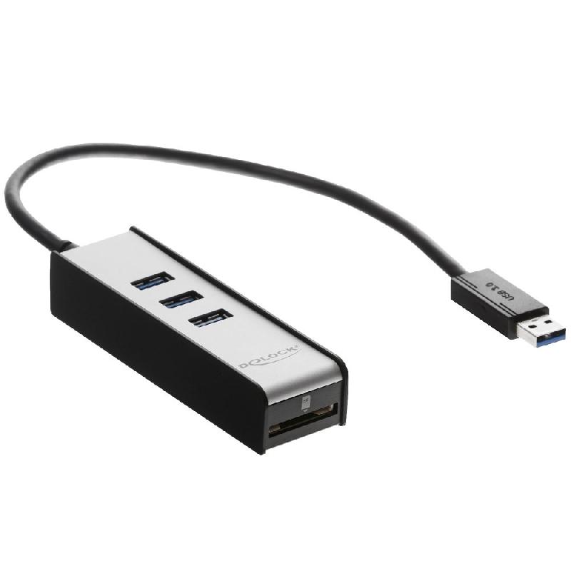 DeLOCK 62535 - Hub USB 3.0, 3 ports, lecteur de cartes SD/SDHC/SDXC, Noir et Argent_0