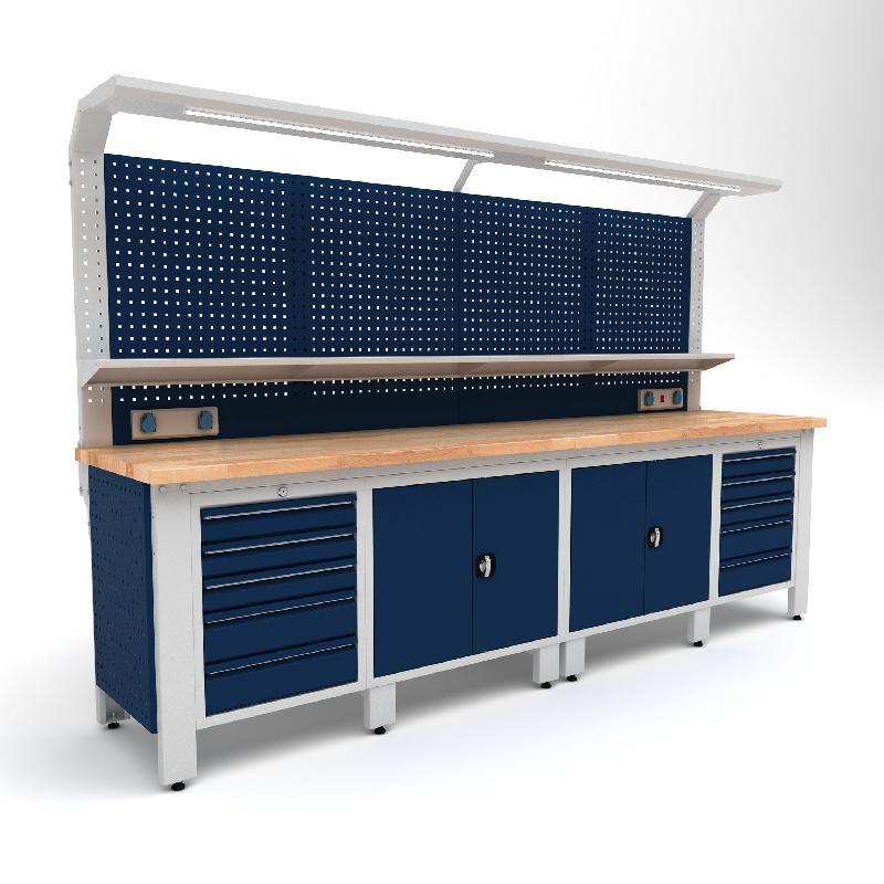 Établi d'atelier industriel 3100 mm PRACO W T75 - Plateau en hêtre massif - Éclairage LED - Tiroirs et armoire MW Tools PRAW3100T75_0
