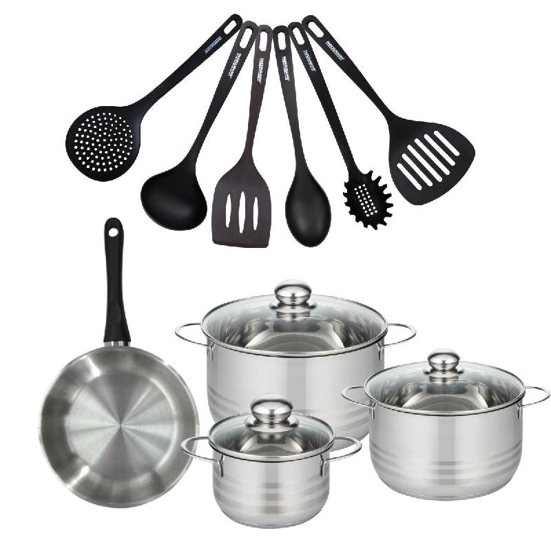 Batterie de cuisine avec 1 poêle 20 cm et 3 faitouts 16/20/24 cm et 6 ustensiles de cuisine sans PFAS Fackelmann Généva Brillant Fénix - gris inox_0