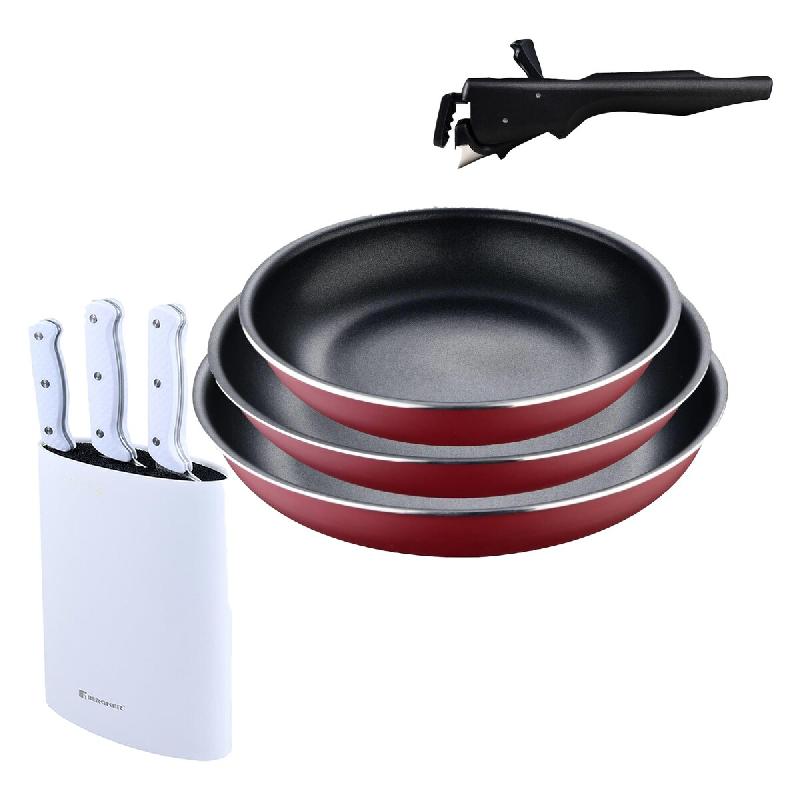 BERGNER - Ensemble de 3 poêles Ø18/20/24 cm en aluminium embouti rouge avec poignée amovible et ensemble de 3 couteaux avec bloc en acier inoxydabl_0