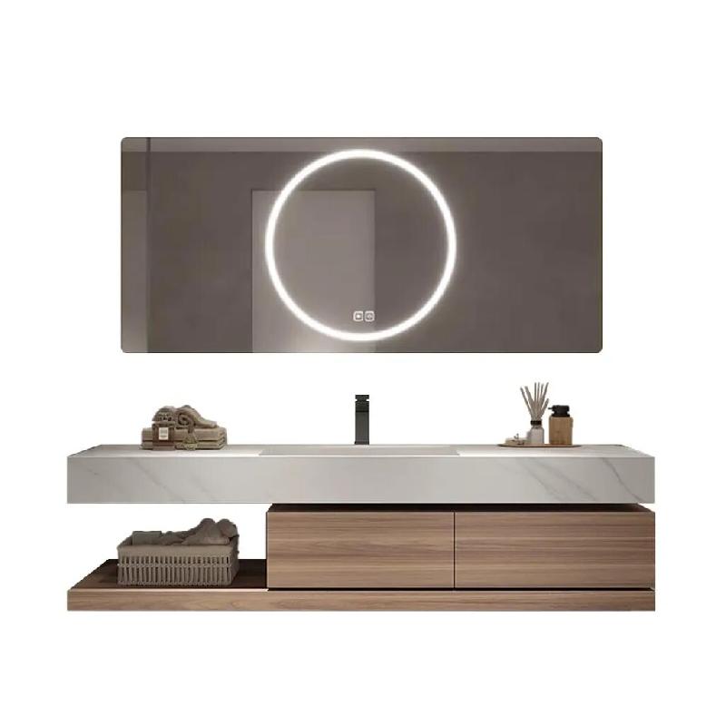 Ensemble meuble de salle de bain 140x55 cm avec vasque en pierre frittée, tiroir, étagère et miroir LED【YT2032-140 K】 - 760752472479_0