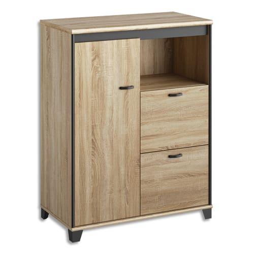 Gautier rangement bas - 1 porte, 2 tiroirs pour dossiers suspendus, 1 niche - L80 x H114 x P48cm - Finition chêne sonoma-noir_0