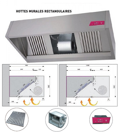 Hotte murale rectangulaire série 1100 avec ventilateur - qualité professionnelle - inox - profondeur 1100 mm_0